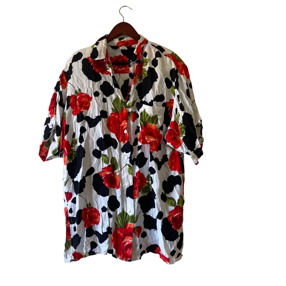Vintage Oversized Floral Button Down Shirt Rose‎ Cow Print Short Sleeve 2XL
